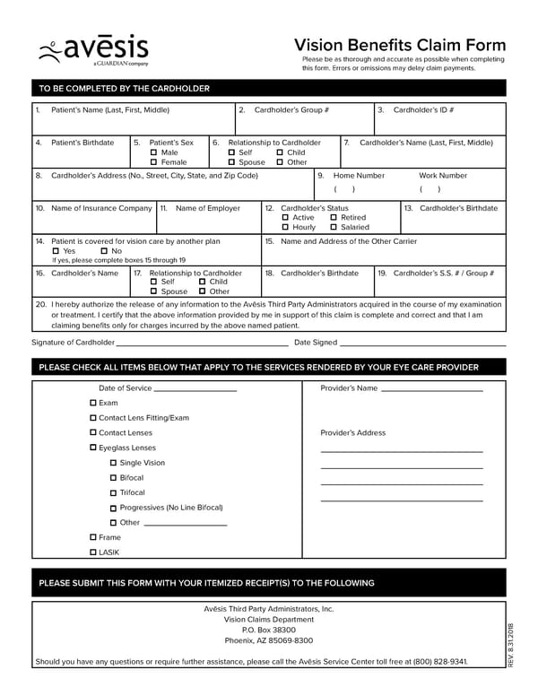 Avesis Claim Form - Page 1