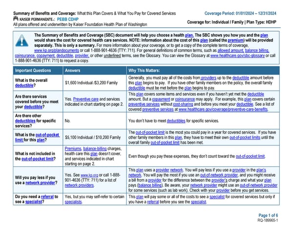 Kaiser Permanente WA CDHP SBC (2024) - Page 1