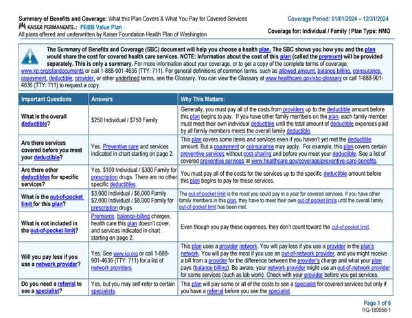 Kaiser Permanente WA Value SBC (2024) - Page 1