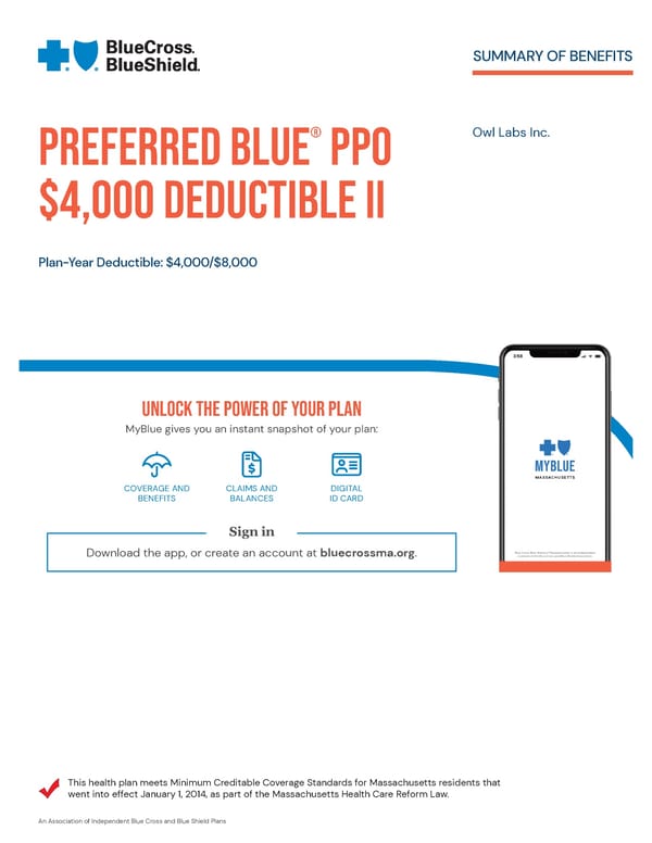 BlueCross BlueShield Preferred Blue PPO Summary of Benefits - Page 1