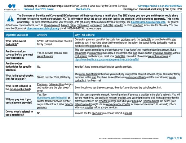 Summary of Benefits and Coverage: Blue PPO Saver - Page 1